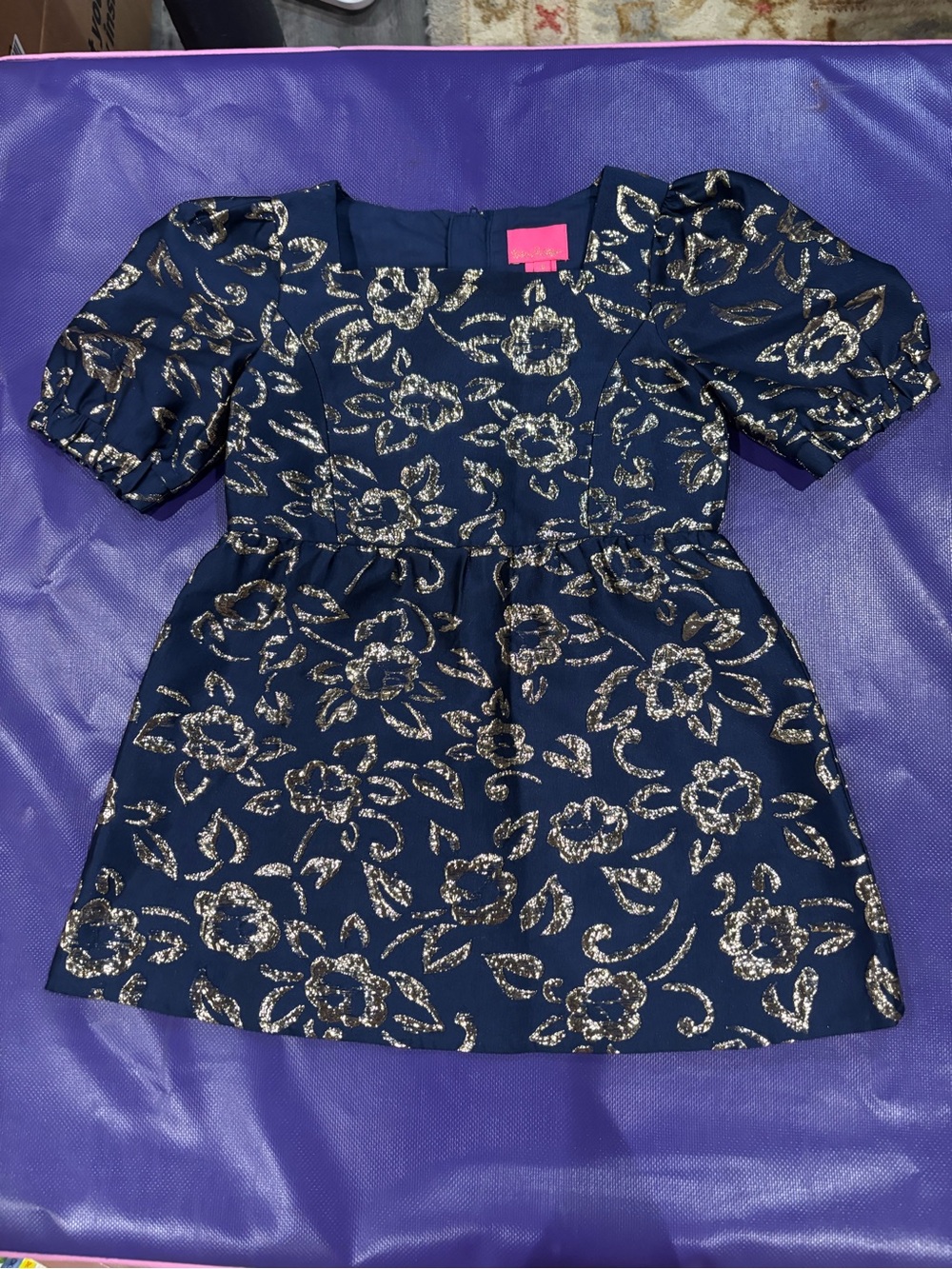 Lilly Pulitzer Navy Dress with Gold Metallic Floral Accents